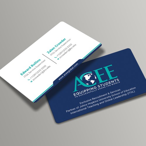 ACEE's new business card to show the partnership with JHU ITGL program Design von Roni_