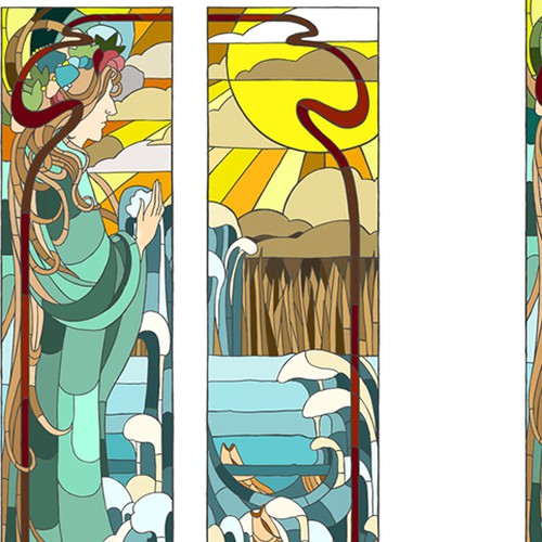 Design a water scene for a stained-glass bathroom door Ontwerp door freyjaaa