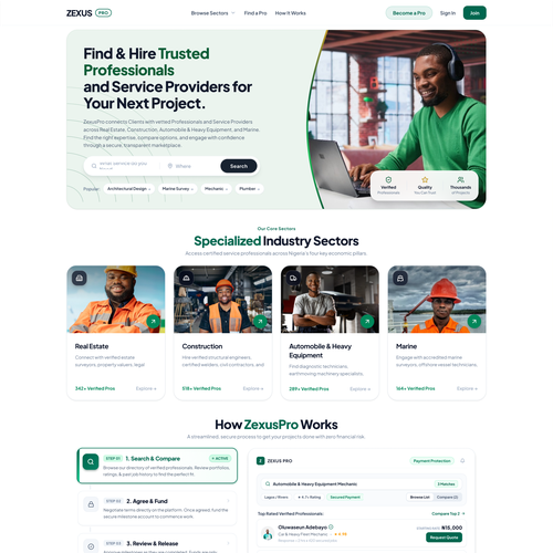 "Premium & Modern Dual-Side Service Marketplace UI/UX Redesign for Professionals & Service Providers" winning Landing page design