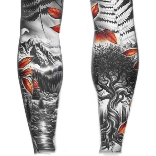 Leg sleeve tattoo design nature realism, Tattoo contest