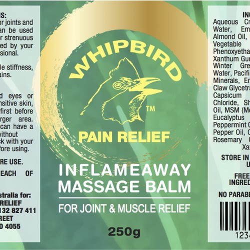 Create the next product label for Whipbird Pain Relief Pty Ltd Réalisé par epokope