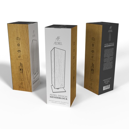 Design of an elegant product packaging for the first product of a new brand. Rotating knife block Design by Windmill Designer™