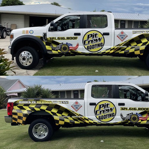 Vehicle Wrap Modification for a race car themed roofing company Design by theANUNGs
