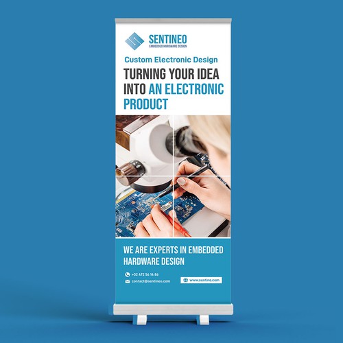 Design of a roll-up banner for a trade-fair introducing our Electronic Design Agency! Design by X Dragon