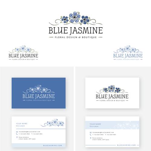 LOGO & BUSINESS CARD DESIGN FOR BLUE JASMINE LLC FLORAL DESIGN AND BOUTIQUE Design by Melanie Lauren