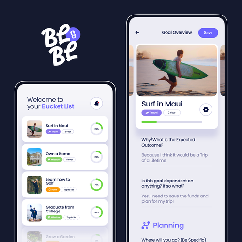 "Modern and appealing bucket list app design" Design by Makak._.Studios