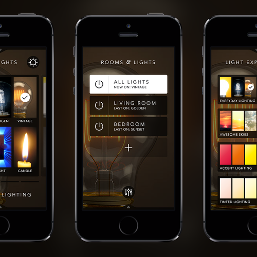 Create an cool, fluid, engaging lighting control app for OnSwitch Lighting Experiences. Design by Sasha Radojevic