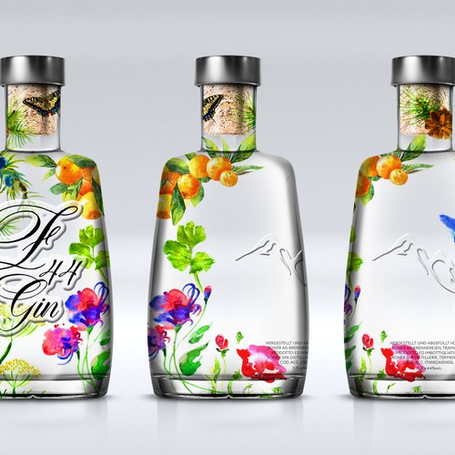 Gin Bottle & packaging design + merchandising Design by bcra