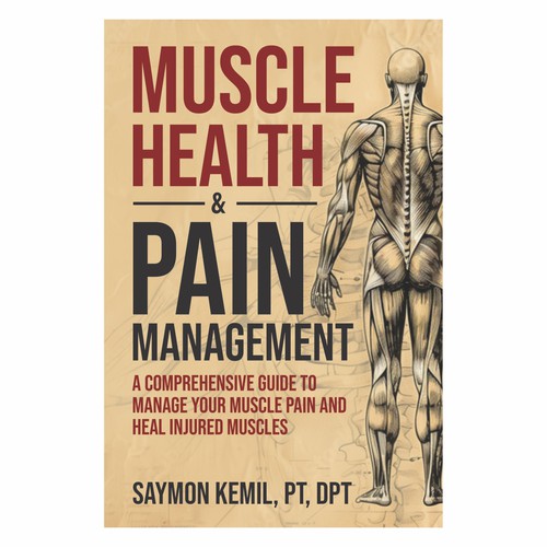 Book cover with a drawing images of the human anatomy combining muscles and bone structure. Design by kmohan