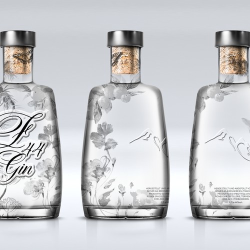 Gin Bottle & packaging design + merchandising Design by bcra