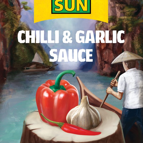 Design Tropical Sun Chilli & Garlic Sauce Label Digital Painting di Kuwagonite