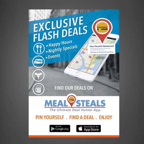 Create a poster that will be displayed in restaurants to download our  real-time, map based deal app, Poster contest