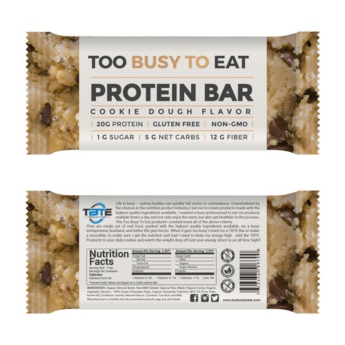 Design a unique protein bar wrapper for Too Busy To Eat Product