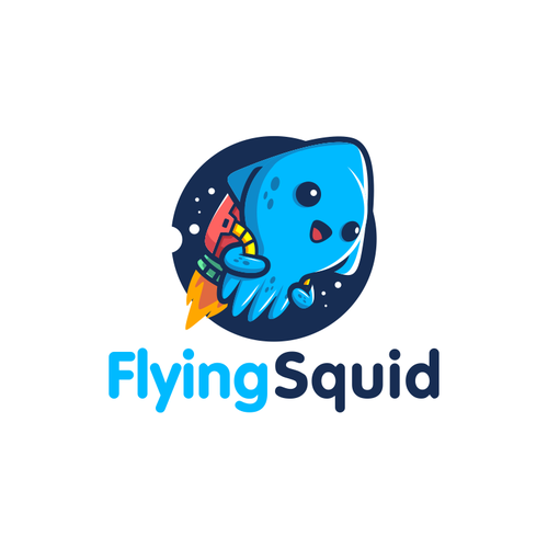 Logo of a squid wearing a jetpack for product named FlyingSquid Design by palugongso