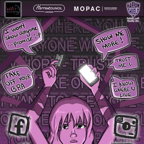 Create an illustration representing sexual exploitation on social media Illustration or