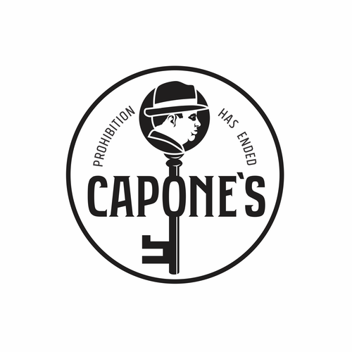 Design a prohibition style logo with a old key and al Capone face ( side view ) black and white Design by zorndesign