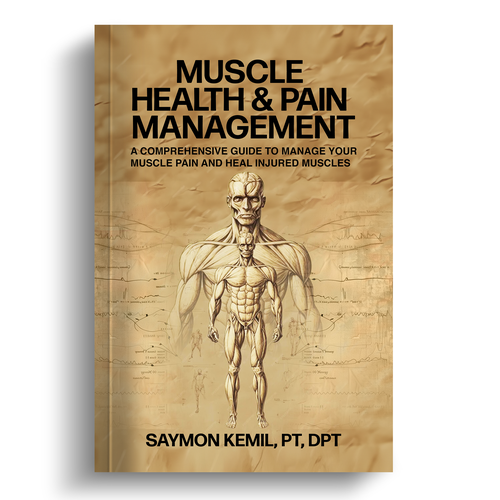 Book cover with a drawing images of the human anatomy combining muscles and bone structure. Design by melsaber
