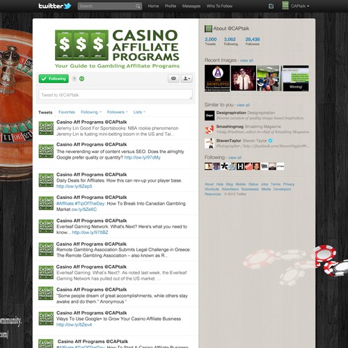 Design di CasinoAffiliatePrograms.com needs a new twitter background di Truelogic786