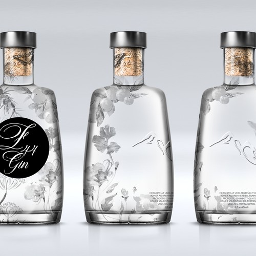 Gin Bottle & packaging design + merchandising Design by bcra