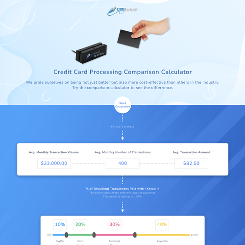 Design a landing page for a credit card processing comparison calculator. Design by Say Goo