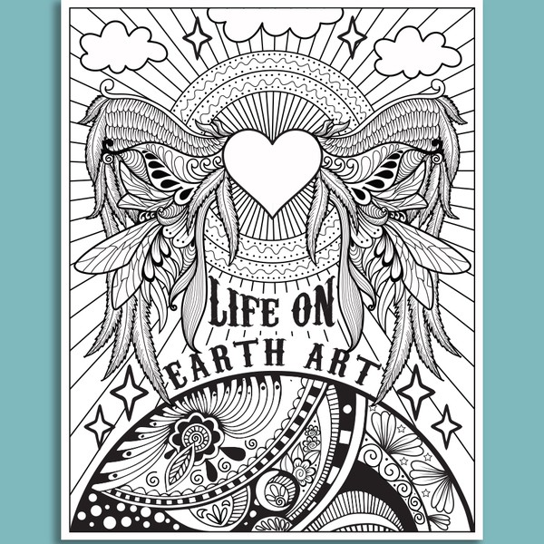 Flying heart design for coloring book