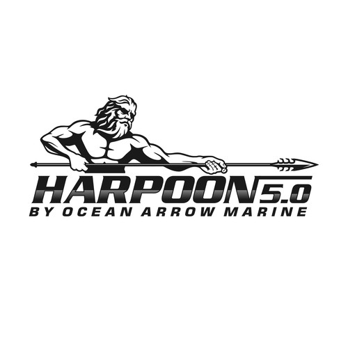 New boat brand logo incorparating King Neptune holding a harpoon with outstretched muscular arm Design by Denidon