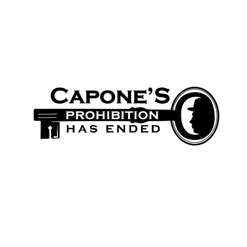 Design a prohibition style logo with a old key and al Capone face ( side view ) black and white Design by Ida11