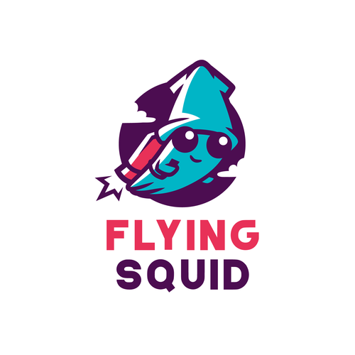 Logo of a squid wearing a jetpack for product named FlyingSquid Design by Rock N Draw