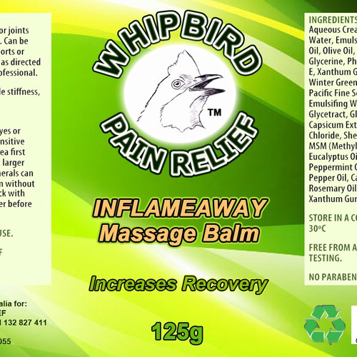 Create the next product label for Whipbird Pain Relief Pty Ltd Réalisé par Karl Vallee