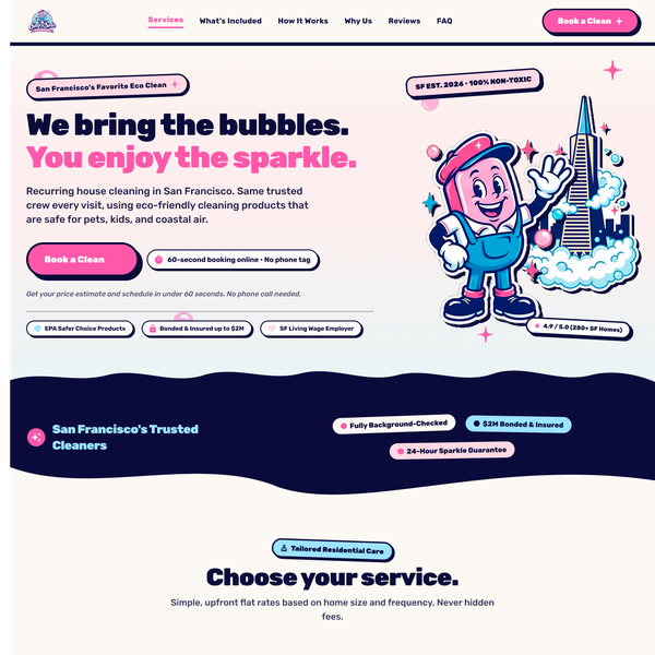Whimsical & Retro One-Page Website for Soap & Soda House Cleaning Co.