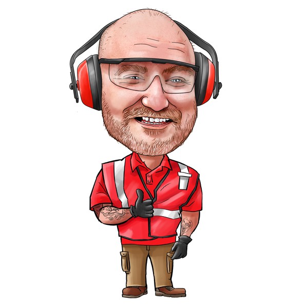Caricature of our HR Manager, dressed in our company uniform and PPE