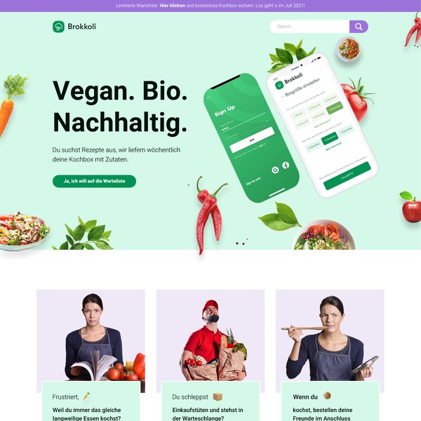 Landingpage (mobile/web) for our vegan cooking box. New fresh, modern, organic and catchy design needed.