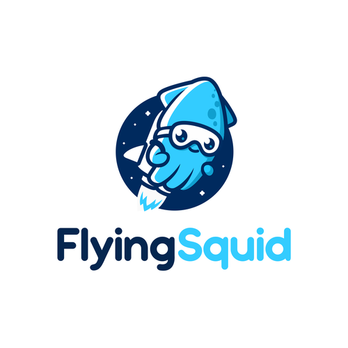 Logo of a squid wearing a jetpack for product named FlyingSquid Design by PatricioDesigns