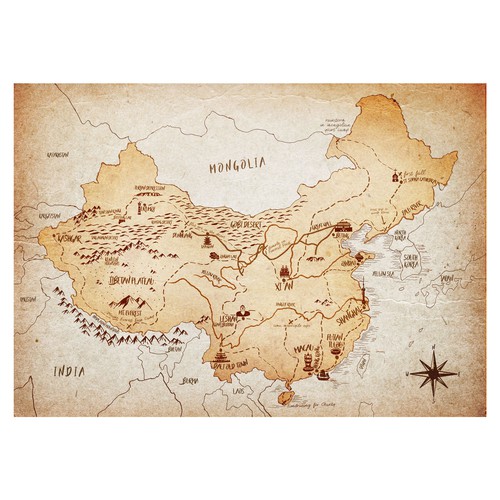 Annotated, vintage map of China for travel/adventure book ...