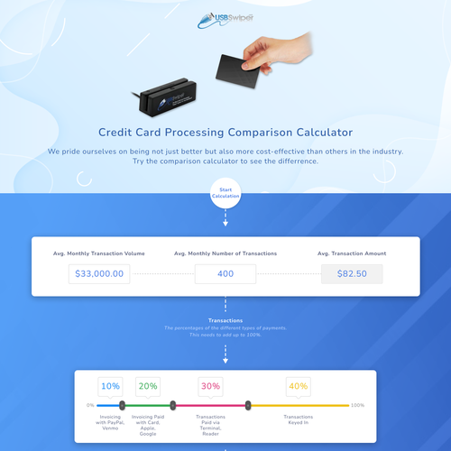 Design a landing page for a credit card processing comparison calculator. Design by Say Goo