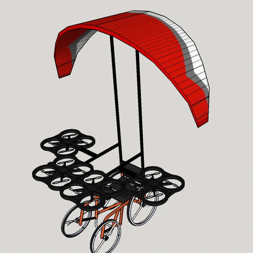 Make a printable 3d model of a paragliding wheelchair being pulled by quadcopters. Design by Ellington