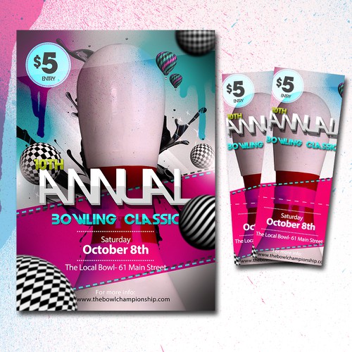Design by Deshie43 titled "Create the next design for TicketPrinting.com Bowling POSTER & EVENT TICKET"