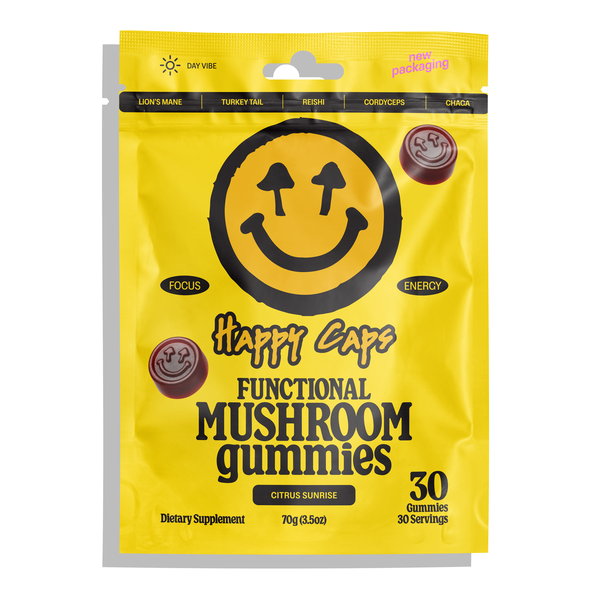 Happy Caps Functional Mushroom Gummies 30ct Pouch Design