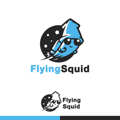 Logo of a squid wearing a jetpack for product named FlyingSquid Design by Rock N Draw