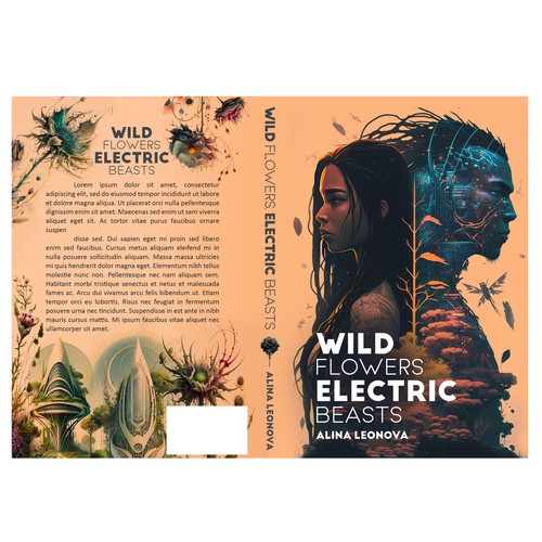 A cover for a sci-fi book with 2 species of humans (a tribal & a high-tech one), solarpunk aesthetics & wild nature Design by Particular