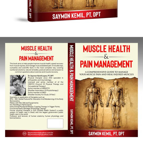 Book cover with a drawing images of the human anatomy combining muscles and bone structure. Design by inventivao