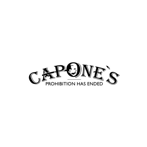 Design a prohibition style logo with a old key and al Capone face ( side view ) black and white Design by Catztropoda