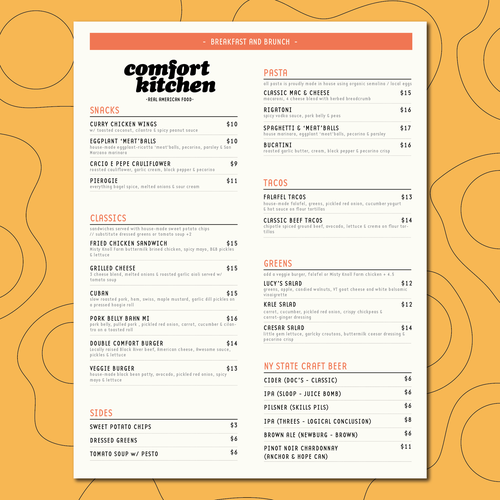 Design a cool new menu for a breakfast & lunch spot in Upstate NY Design by Andrea_YH