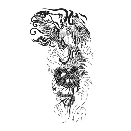 Tattoo Design: Full color Japanese style sleeve of Phoenix and Dragon Design by Nevermind™