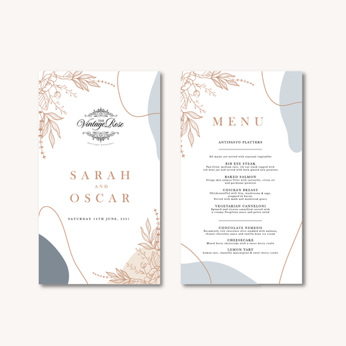 Menus for The Vintage Rose Design by Ings