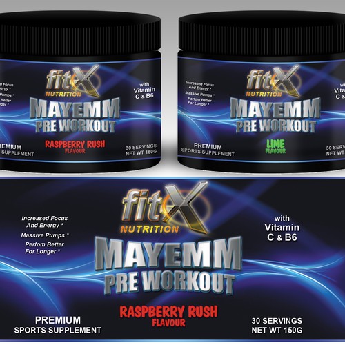 Sports supplement (preworkout) label with ongoing work for winner