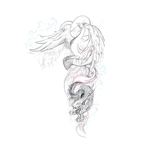 Tattoo Design: Full color Japanese style sleeve of Phoenix and Dragon Design by artfery illustrator