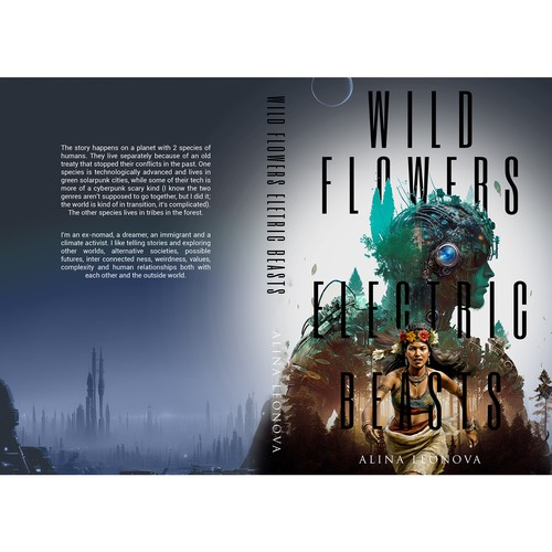 A cover for a sci-fi book with 2 species of humans (a tribal & a high-tech one), solarpunk aesthetics & wild nature Design by Aaniyah.ahmed