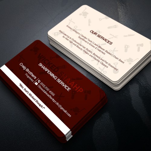 Business card design that highlights my sharpening service and my Boston accent inspired slogan Design by Xclusive16