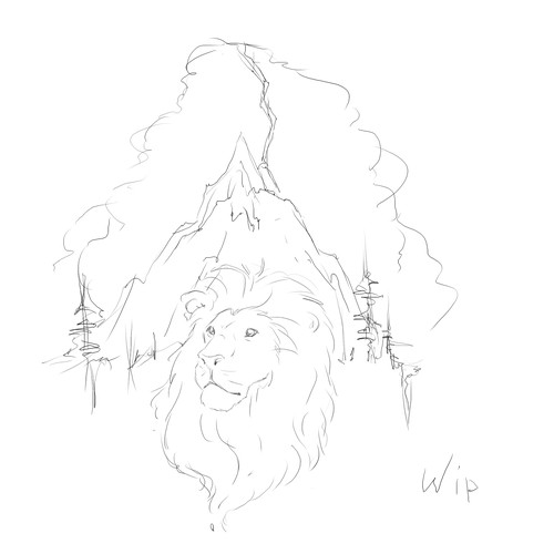 Mountain, lion and a lightning tattoo (right-side shoulder to arm) Design by Siva.Sketch